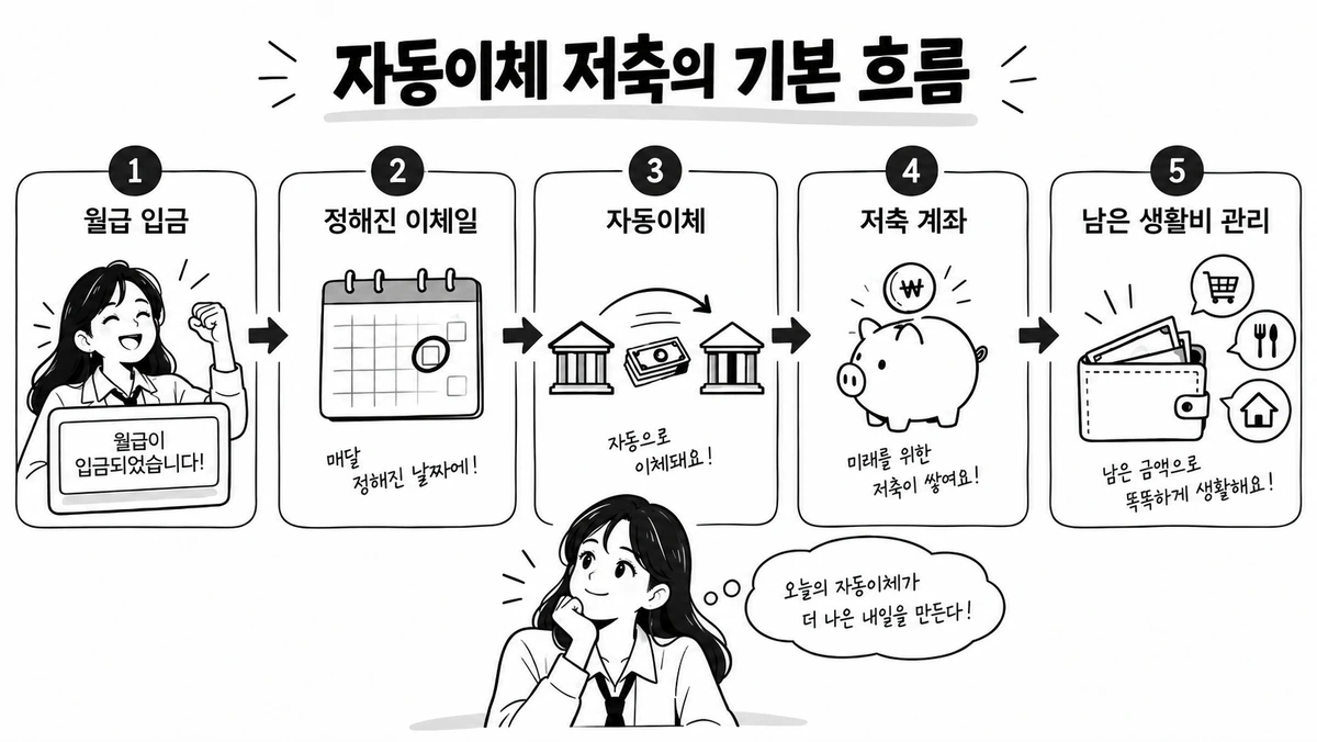 월급 입금 후 정해진 이체일에 자동이체로 저축 계좌에 돈을 옮기고 남은 생활비를 관리하는 흐름 인포그래픽