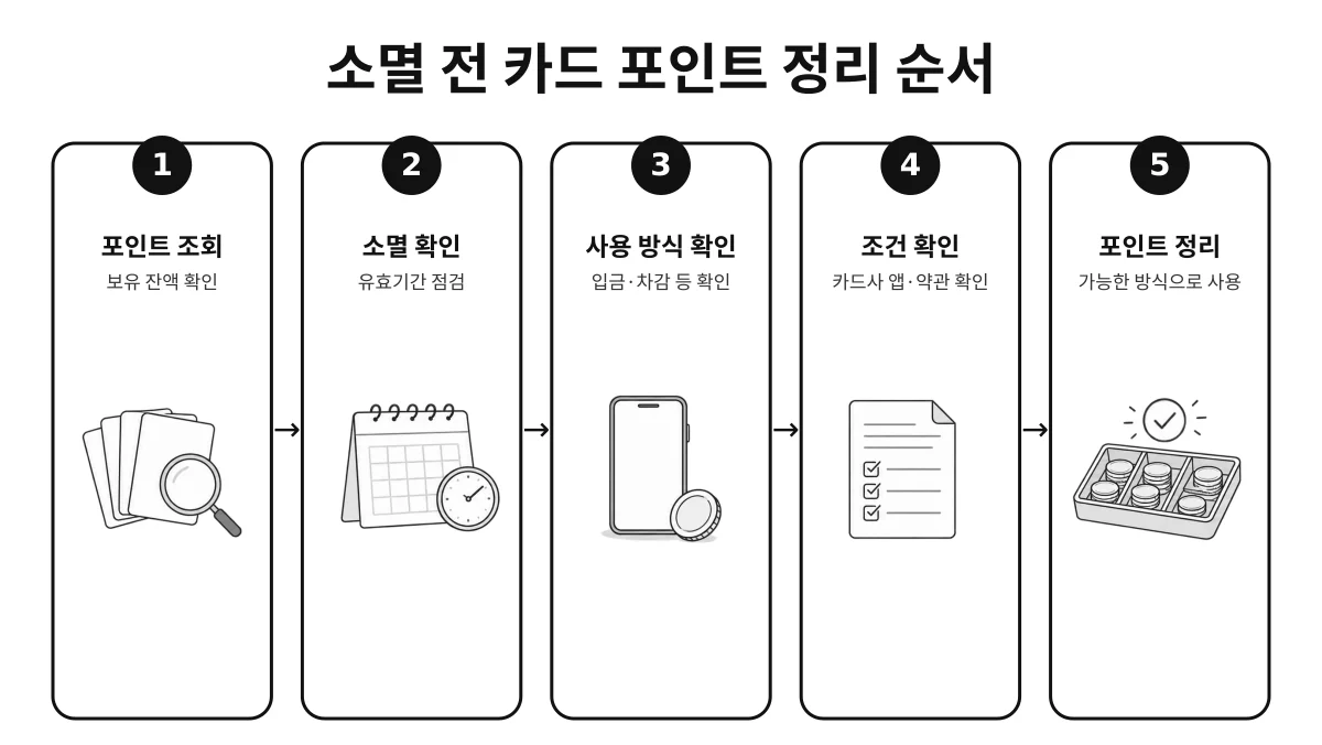 보유 카드 포인트를 조회하고 소멸 예정 여부와 사용 가능 방식, 카드별 조건을 확인한 뒤 실제로 정리하는 과정을 5단계로 정리한 인포그래픽