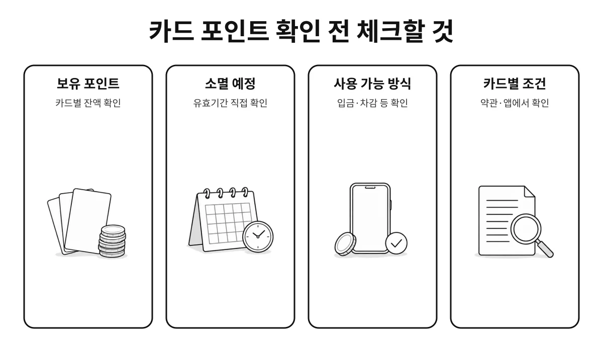카드 포인트를 사용할 때 보유 포인트와 소멸 예정 여부, 사용 가능 방식, 카드별 조건을 먼저 확인해야 한다는 점을 정리한 인포그래픽