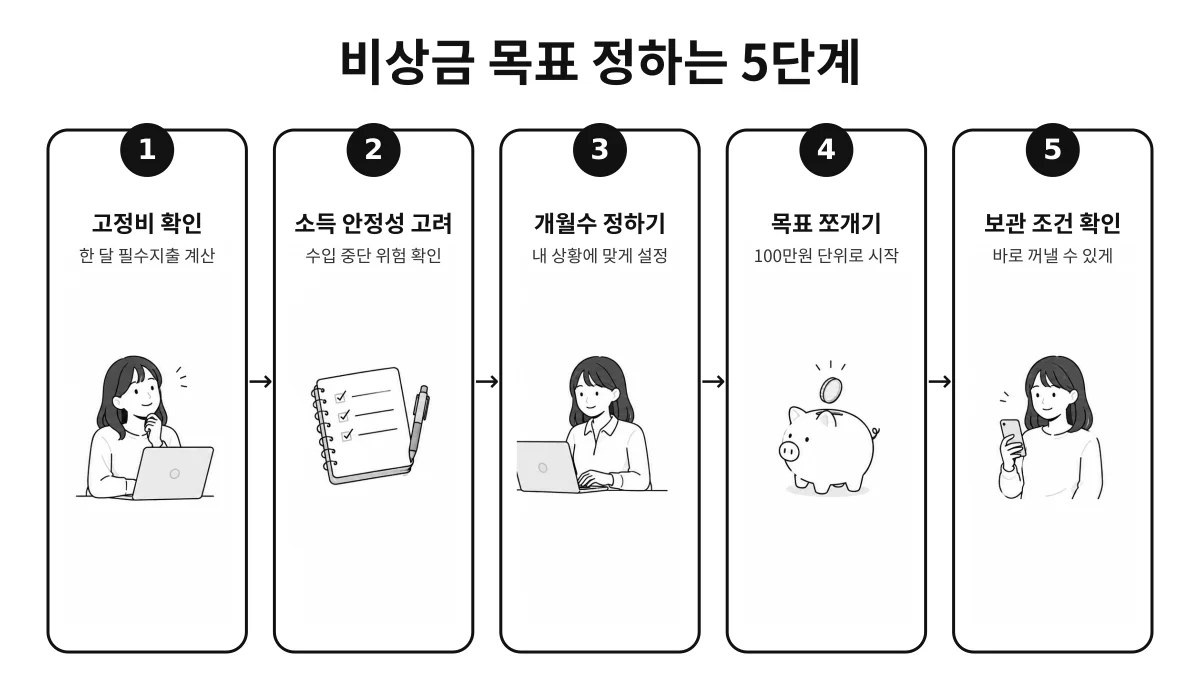 비상금 목표를 정하는 과정을 고정비 확인부터 보관 조건 확인까지 5단계로 보여주는 손그림 인포그래픽