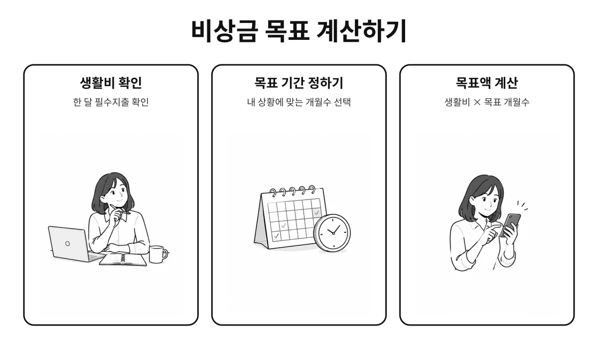 생활비와 목표 개월수를 기준으로 비상금 목표액을 계산하는 과정을 보여주는 손그림 인포그래픽