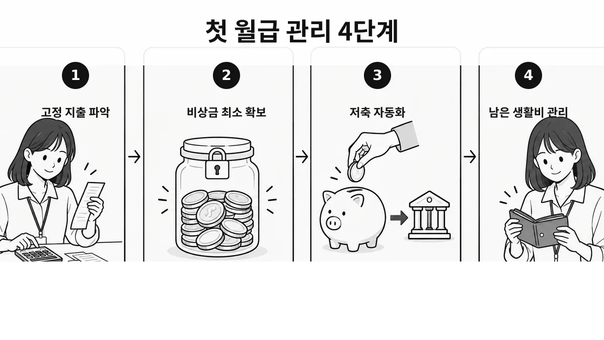 사회초년생이 첫 월급을 받은 뒤 고정 지출 파악, 비상금 최소 확보, 저축 자동화, 남은 생활비 관리 순서로 진행하는 4단계 인포그래픽
