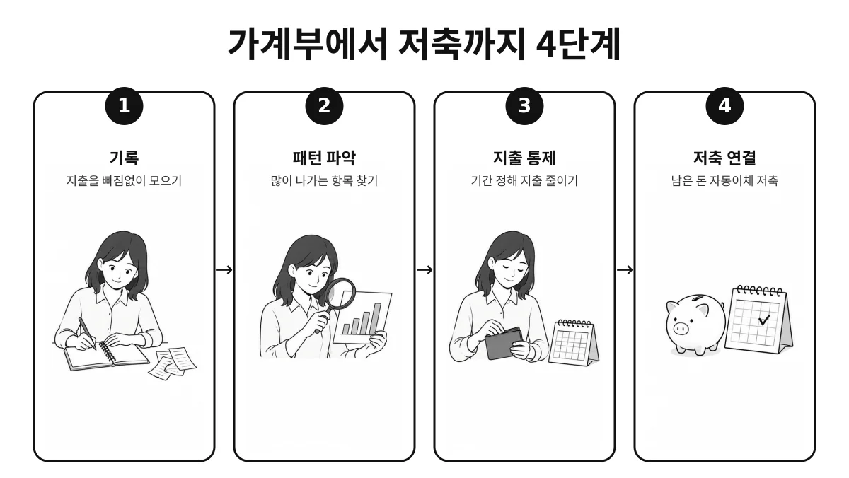가계부로 지출을 기록하고 패턴을 파악한 뒤 지출을 통제해 남은 돈을 자동이체 저축으로 연결하는 4단계 흐름 인포그래픽