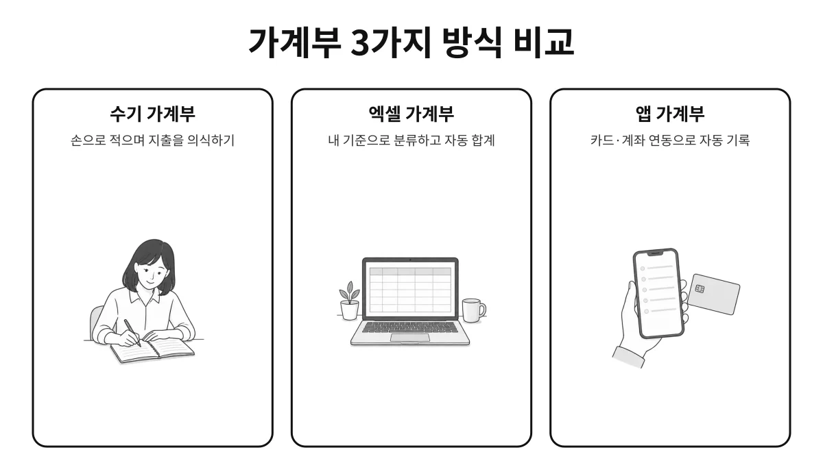 수기 가계부와 엑셀 가계부, 앱 가계부의 특징을 손으로 적는 기록과 내 기준의 분류, 카드·계좌 자동 연동으로 나누어 비교한 인포그래픽