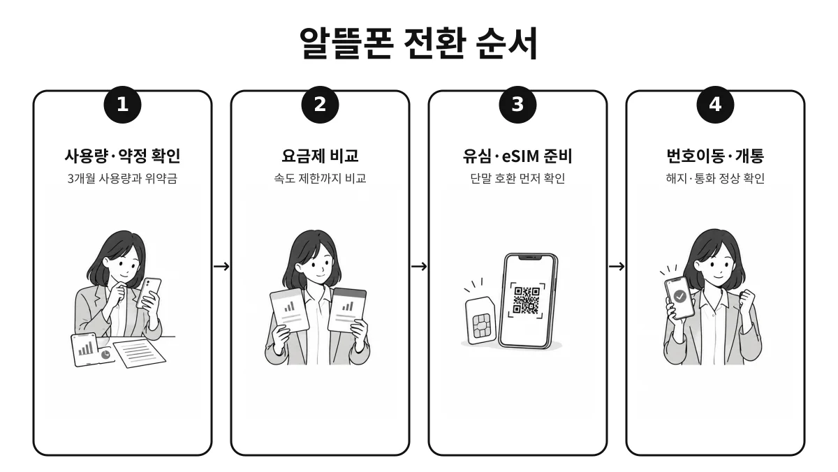 사용량과 약정 확인부터 요금제 비교, 유심·eSIM 준비, 번호이동과 개통 확인까지 알뜰폰 전환 순서를 4단계로 정리한 인포그래픽