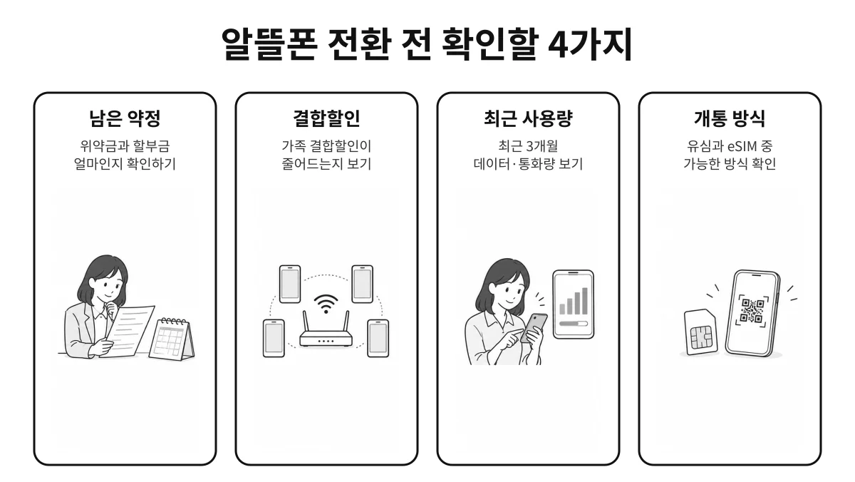 알뜰폰으로 옮기기 전에 남은 약정과 결합할인, 최근 사용량, 개통 방식을 먼저 확인해야 한다는 점을 한눈에 정리한 인포그래픽