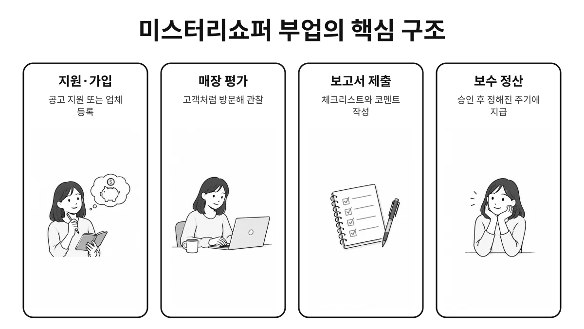 미스터리쇼퍼 부업이 지원부터 보수 정산까지 어떤 요소로 이뤄지는지 한눈에 보여주는 인포그래픽