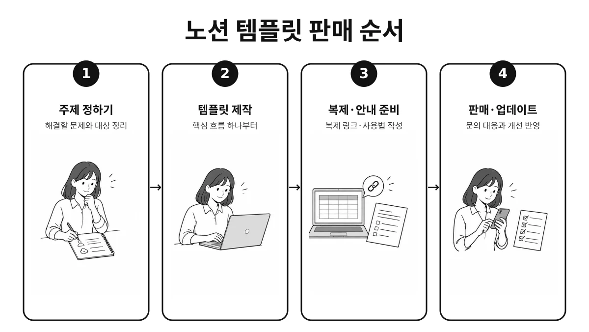 해결할 문제를 정하는 것부터 템플릿 제작, 복제 링크와 사용법 준비, 판매 후 업데이트까지 노션 템플릿 판매 순서를 4단계로 정리한 인포그래픽