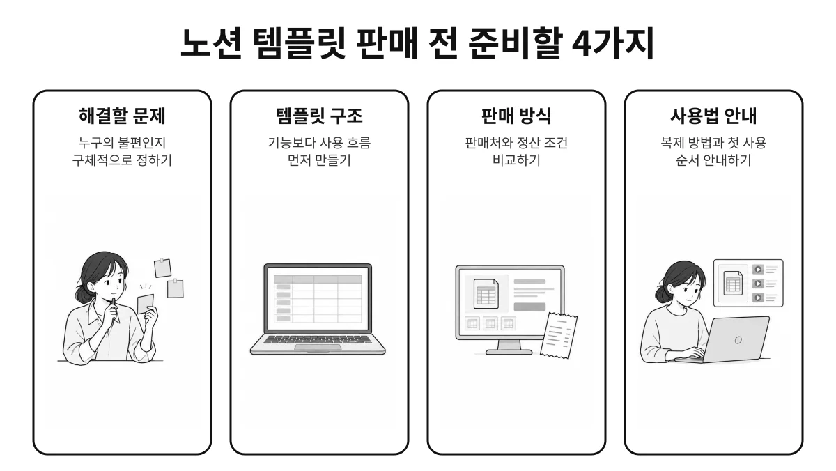 노션 템플릿을 판매하기 전에 해결할 문제와 템플릿 구조, 판매 방식, 사용법 안내를 먼저 준비해야 한다는 점을 한눈에 정리한 인포그래픽