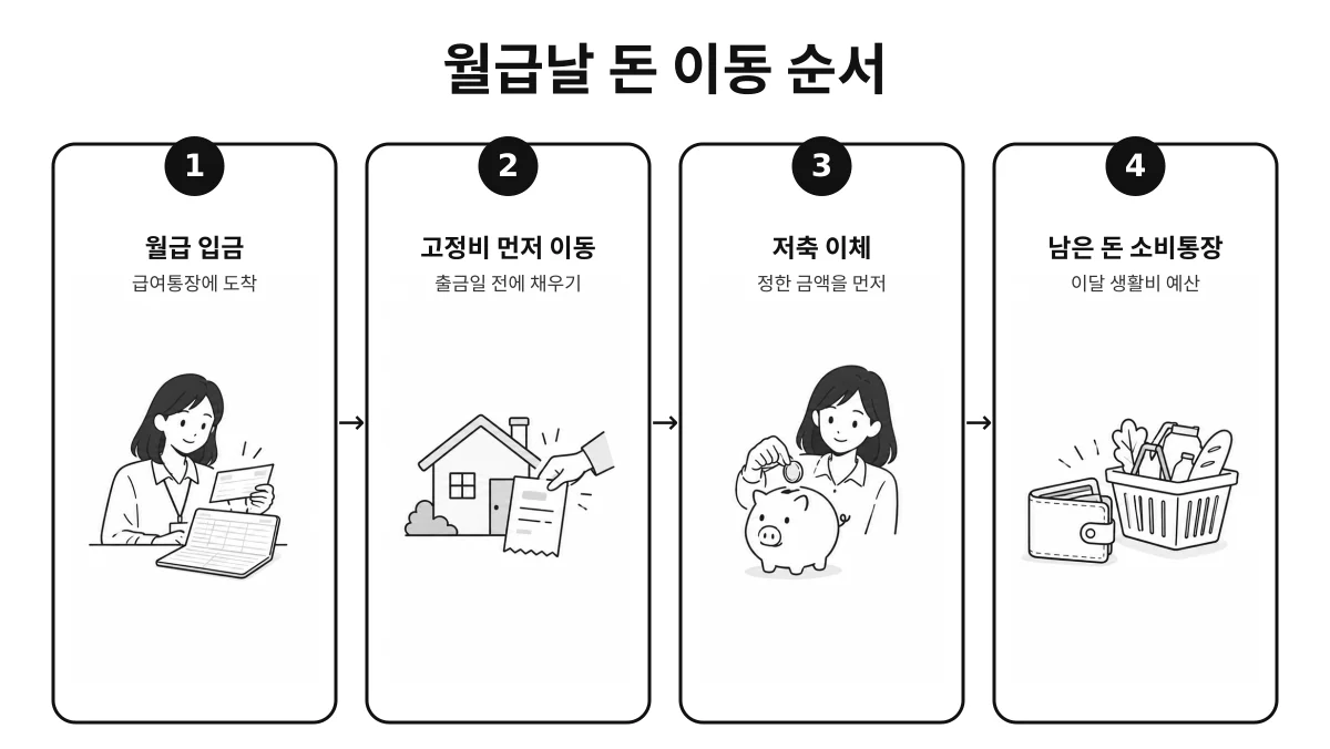 월급 입금부터 고정비와 저축 이체, 남은 돈의 소비통장 이동까지 월급날 돈이 움직이는 순서를 4단계로 정리한 인포그래픽