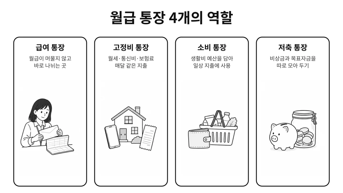 급여 통장과 고정비 통장, 소비 통장, 저축 통장이 각각 어떤 역할을 맡는지 한눈에 정리한 인포그래픽
