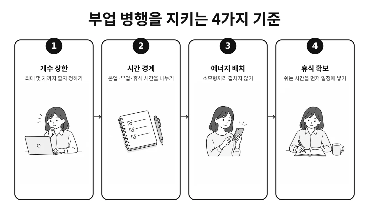 부업을 여러 개 병행할 때 개수 상한, 시간 경계, 에너지 배치, 휴식 확보를 4단계로 보여주는 손그림 인포그래픽
