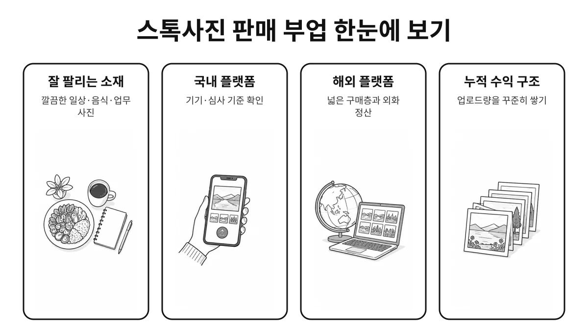 스톡사진 판매 부업에서 잘 팔리는 소재와 국내·해외 플랫폼의 특징, 업로드량이 쌓여야 수익을 기대할 수 있는 구조를 한눈에 정리한 요약 이미지