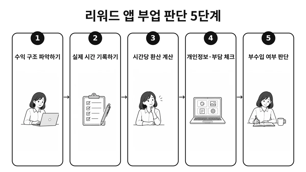 설문조사·리워드 앱 부업에서 수익 구조 파악하기, 실제 시간 기록하기, 시간당 환산 계산부터 개인정보·부담 체크, 부수입 여부 판단까지 이어지는 5단계 인포그래픽