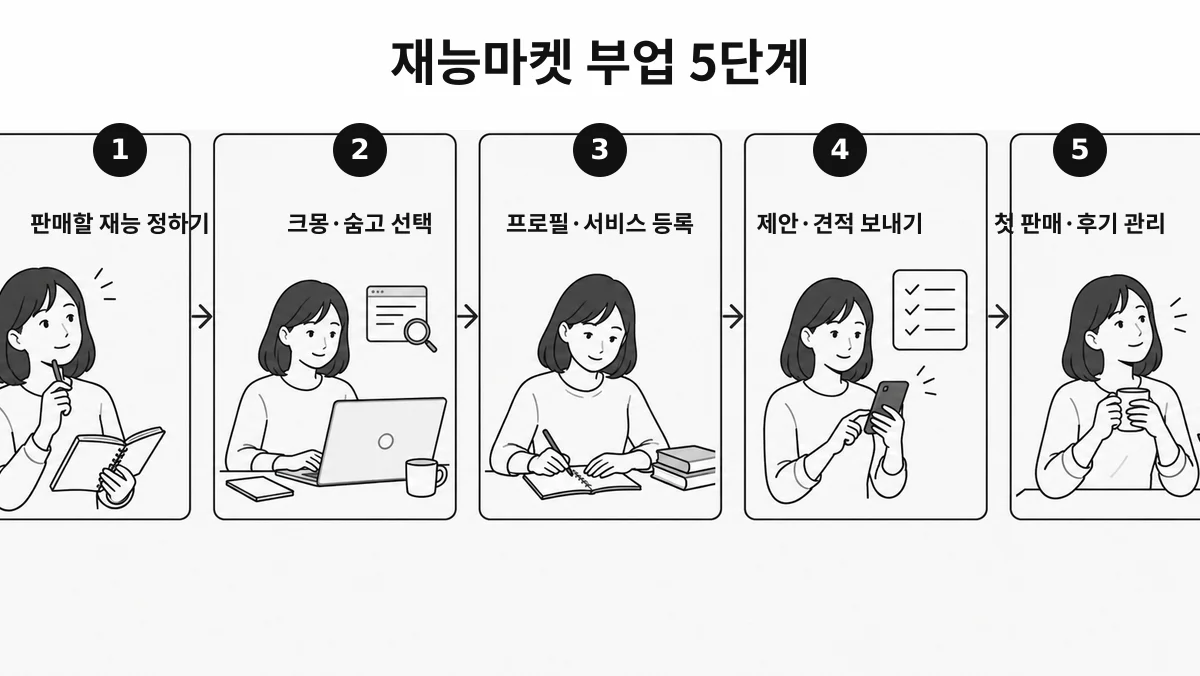 재능마켓 부업에서 판매할 재능 정하기, 크몽·숨고 선택, 프로필·서비스 등록부터 제안·견적 보내기, 첫 판매·후기 관리까지 이어지는 5단계 인포그래픽