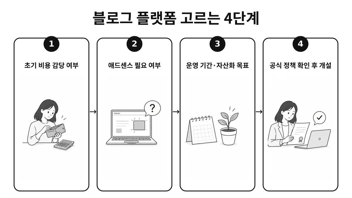 초기 비용과 애드센스 필요 여부, 운영 목표를 차례로 따져 블로그 플랫폼을 고르는 4단계 인포그래픽