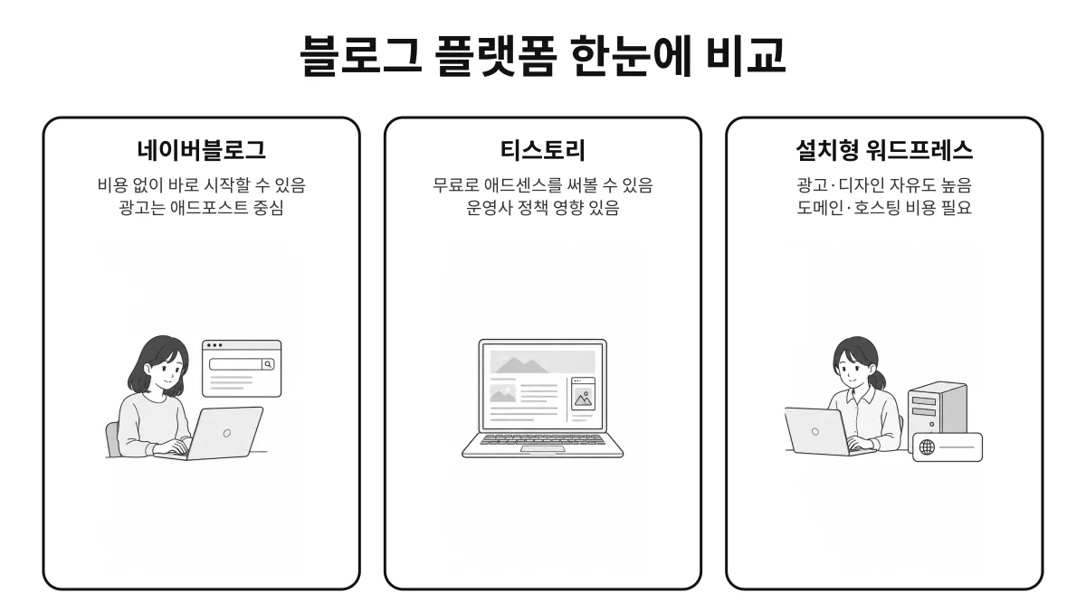 네이버블로그와 티스토리, 설치형 워드프레스의 광고 방식과 비용 차이를 한눈에 비교한 인포그래픽