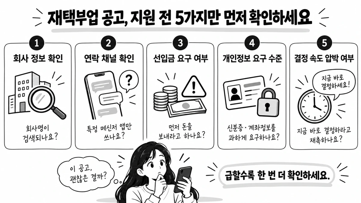 재택부업 채용공고를 지원하기 전에 회사 정보, 연락 채널, 선입금 요구, 개인정보 요구, 결정 압박 여부를 확인하는 5단계 체크리스트 인포그래픽