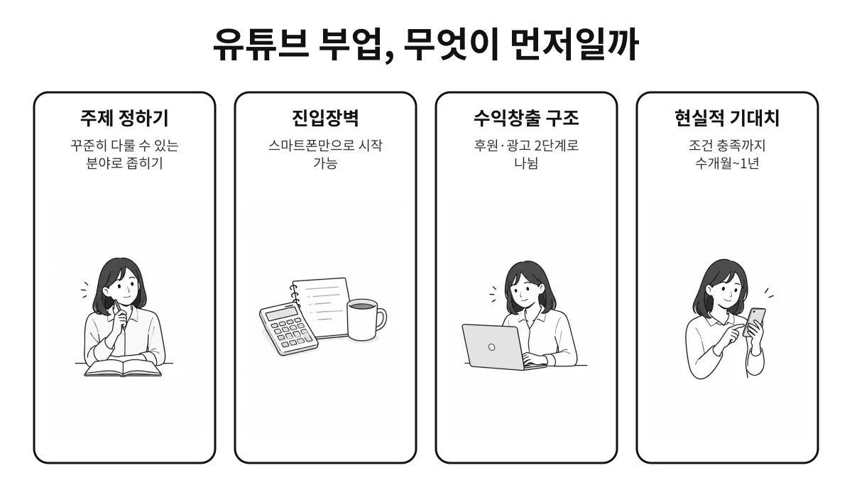 유튜브 부업은 장비보다 주제·기획·꾸준함이 먼저라는 점을 보여주는 손그림 인포그래픽